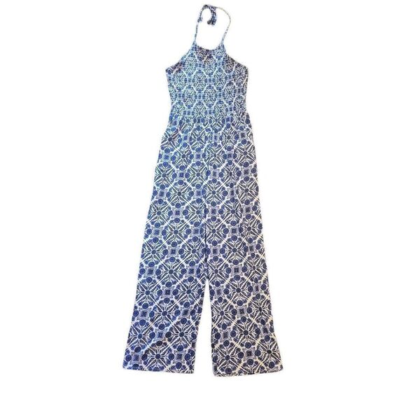 NWT Patrons of Peace Halter Jumpsuit Women's Small Printed Blue White Ikat Boho - Picture 1 of 4